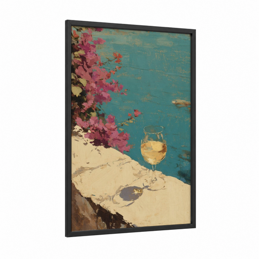 Coastal Wine Moment framed white wine print — black wood frame — teal and cream palette