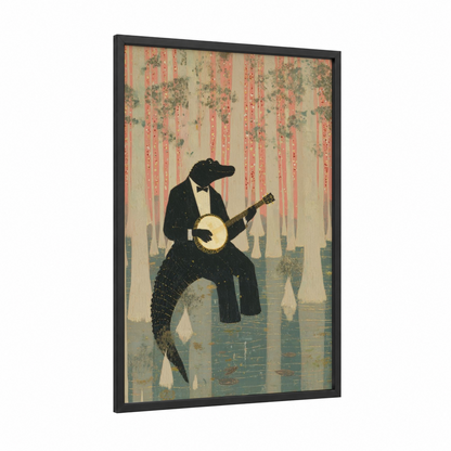 Dapper Alligator framed mardi gras print — black wood frame — salmon pink and sage green palette