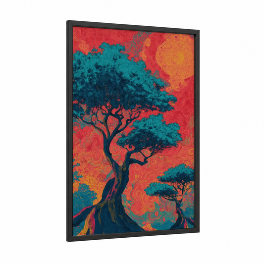 Turquoise Banyan framed banyan tree print — black wood frame — teal and red palette