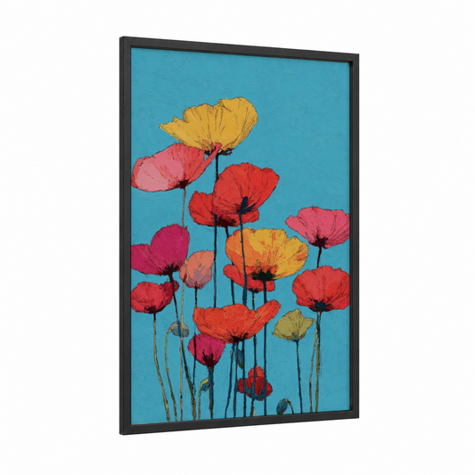 Vibrant Poppy Medley framed poppies print — black wood frame — blue and gold palette