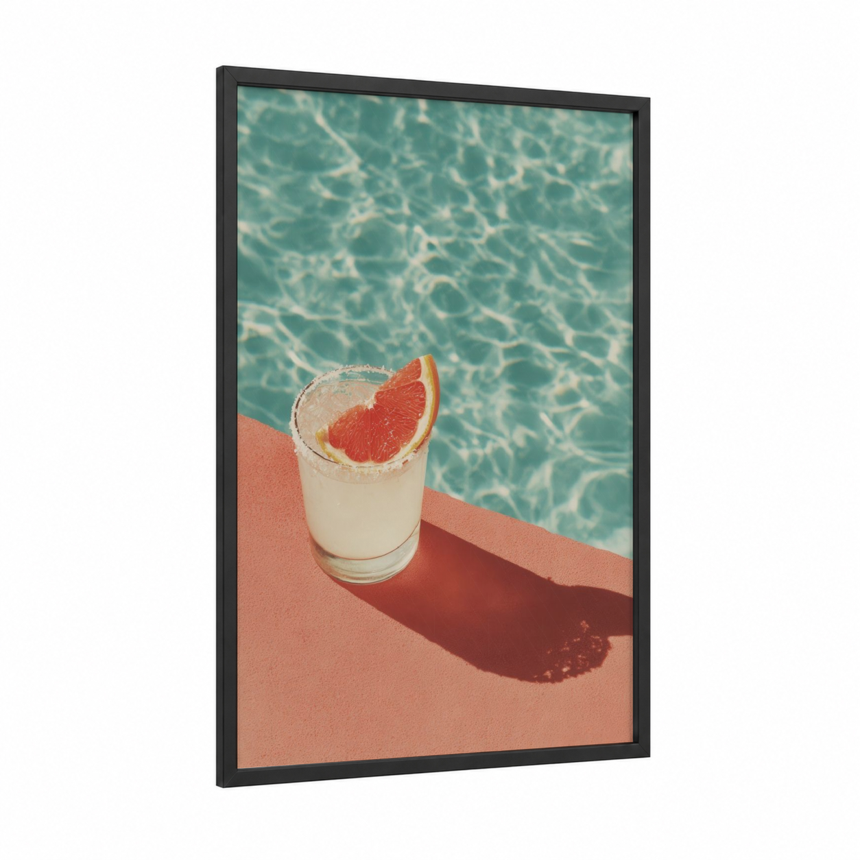 Poolside Paloma framed cocktail print — black wood frame — turquoise and salmon pink palette