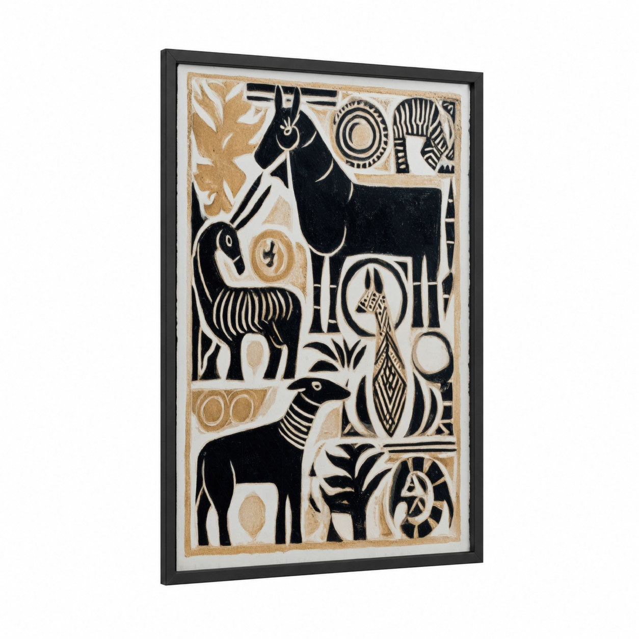Geometric Farm Animals framed abstract traditional print — black wood frame — black and white and cream palette