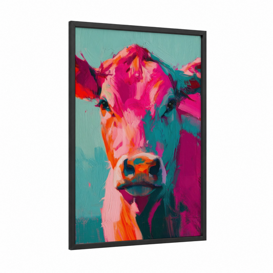 Neon Angus framed angus cow print — black wood frame — magenta and turquoise palette