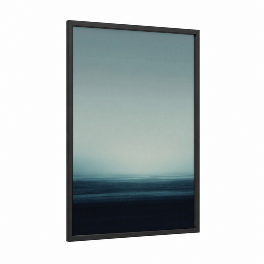 Misty Horizon framed abstract minimalist print — black wood frame — blue and gray and dove gray palette