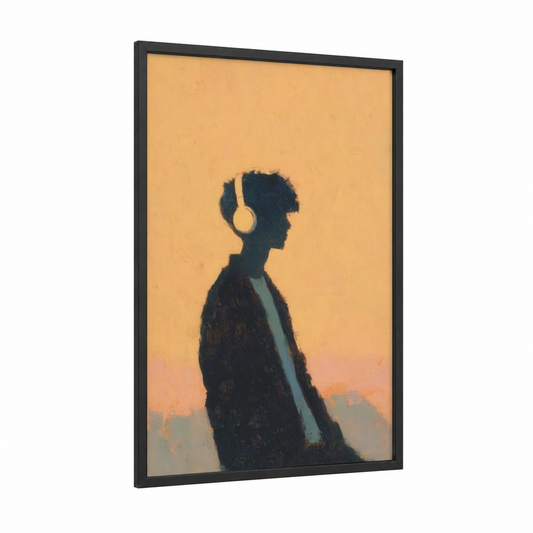 Golden Hour Listener framed headphones print — black wood frame — gold and peach palette