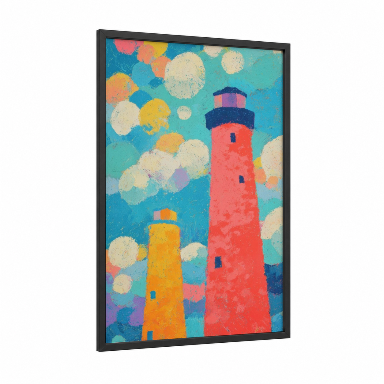 Colorful Lighthouse Pair framed art print — black wood frame — turquoise and gold palette