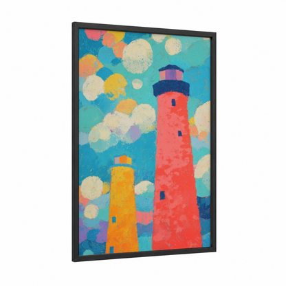 Colorful Lighthouse Pair framed art print — black wood frame — turquoise and gold palette
