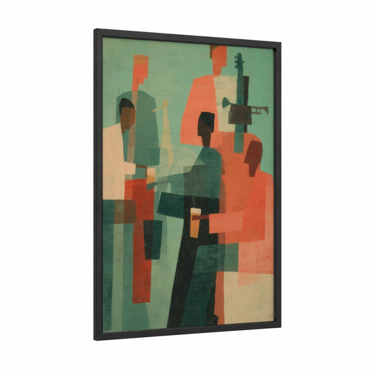 Jazz Ensemble framed art print — black wood frame — sage green and orange palette