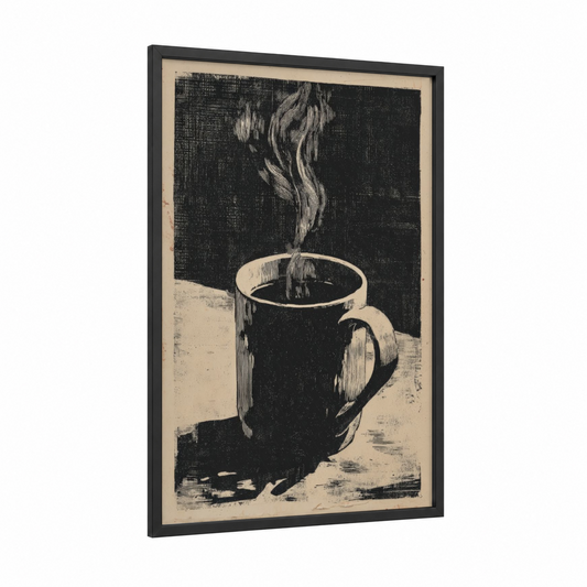 Steaming Coffee Mug framed art print — black wood frame — black and white and cream palette
