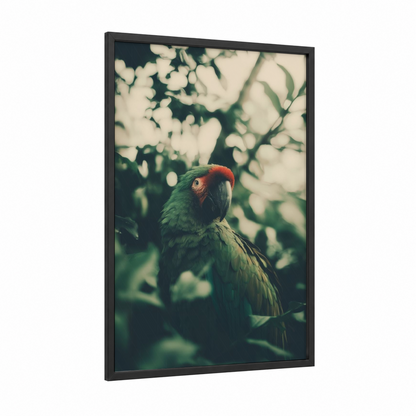 Crimson Parrot framed safari parrots print — black wood frame — green and red palette