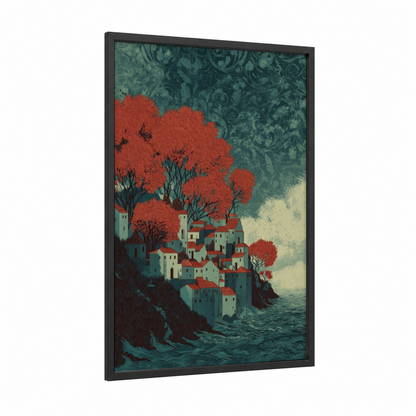 Crimson Coastal Village framed beach town print — black wood frame — red and teal palette