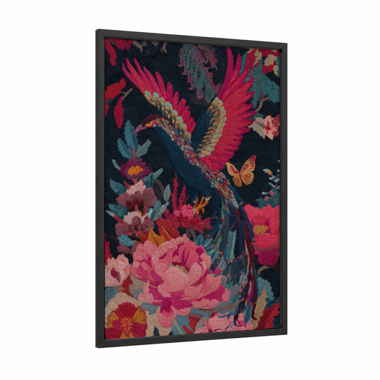 Crimson Phoenix Griffin framed art print — black wood frame — magenta and dark blue palette
