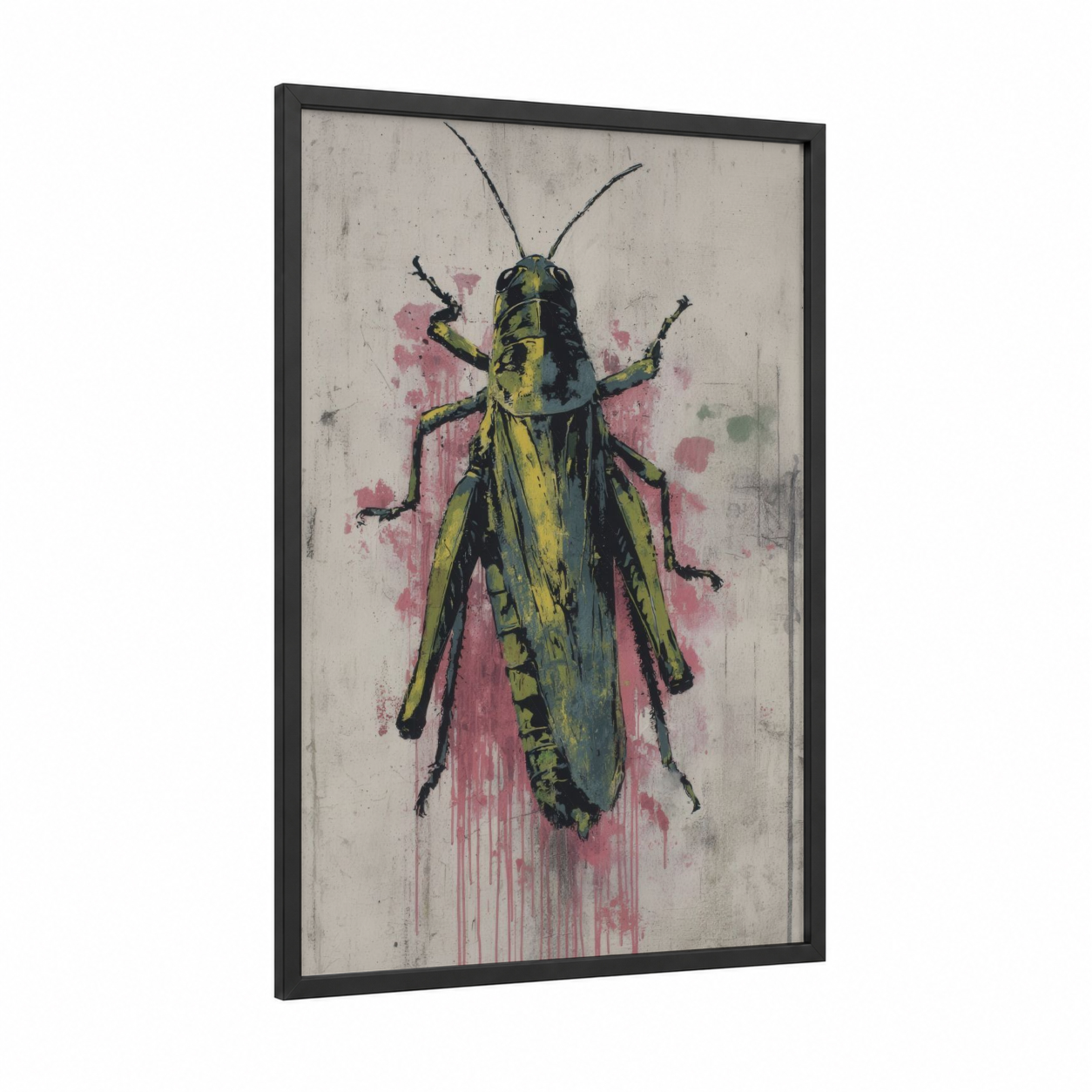 Splattered Grasshopper framed art print — black wood frame — yellow gold and black and pink palette