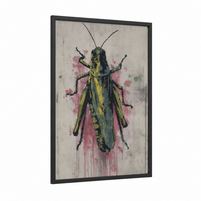 Splattered Grasshopper framed art print — black wood frame — yellow gold and black and pink palette