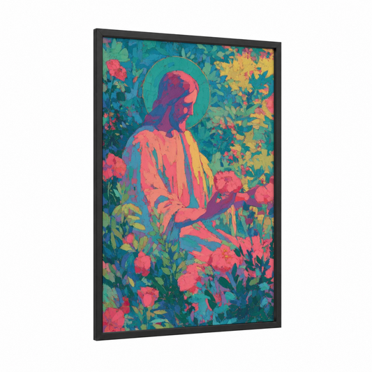 Serene Christ Blooming framed jesus christ print — black wood frame — turquoise and magenta palette