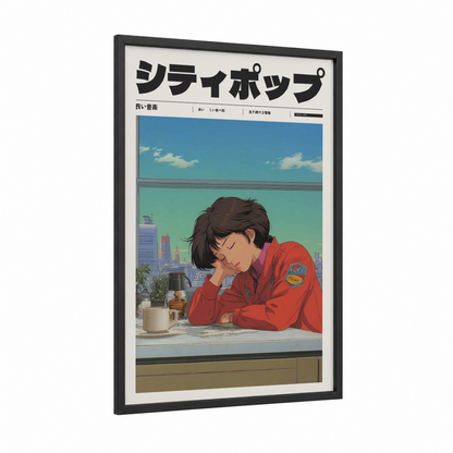 Dreamy Convenience Store framed anime and manga print — black wood frame — turquoise and red palette