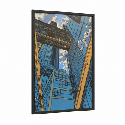 Urban Skyward framed abstract architecture print — black wood frame — blue and gold palette