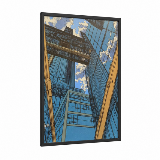 Urban Skyward framed abstract architecture print — black wood frame — blue and gold palette