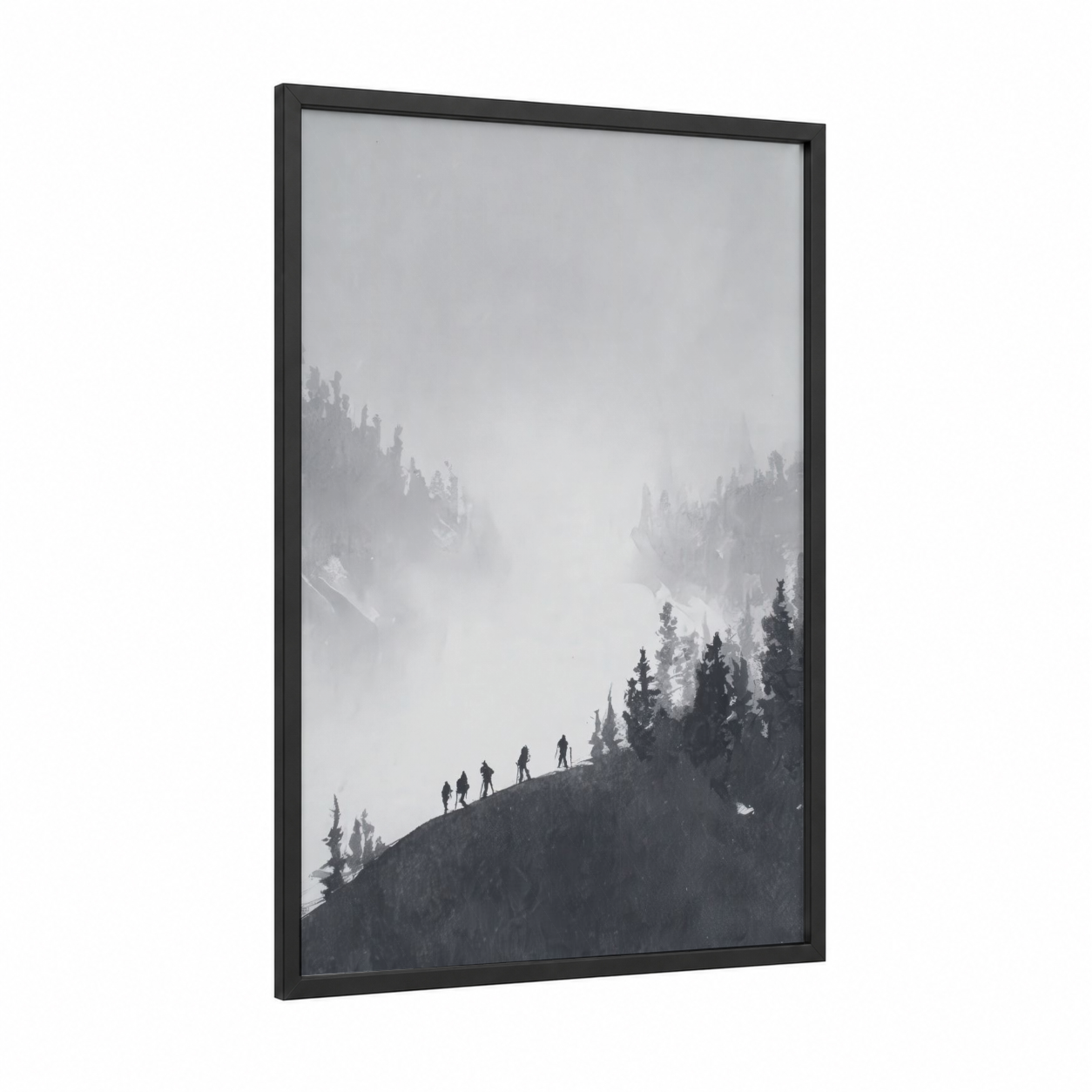 Snowy Mountain Ascent framed snowboarding print — black wood frame — gray and white and black and white palette