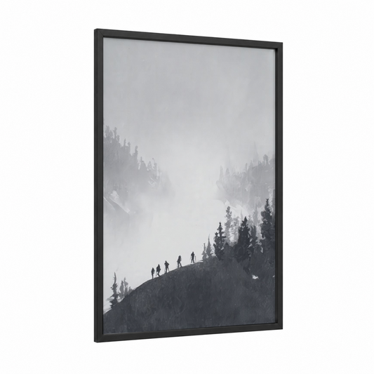 Snowy Mountain Ascent framed snowboarding print — black wood frame — gray and white and black and white palette
