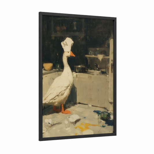 Kitchen Goose framed geese print — black wood frame — cream and espresso palette