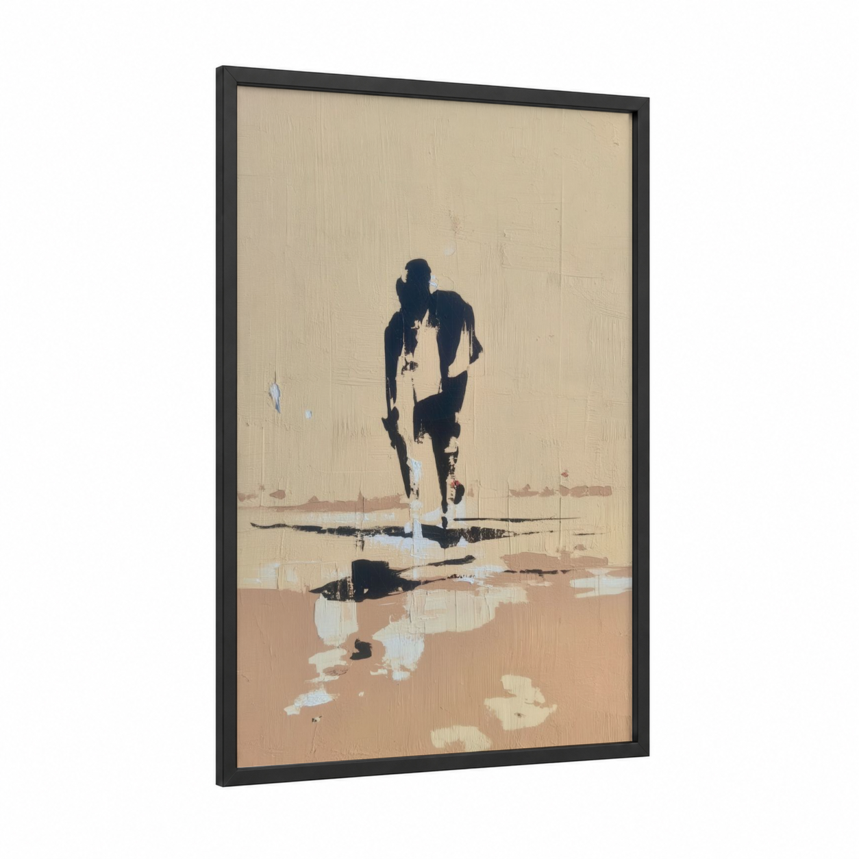 Solitary Runner framed abstract classic print — black wood frame — beige and nobel palette