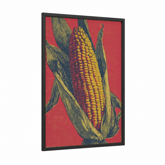 Golden Corn Cob framed grain print — black wood frame — gold and red palette