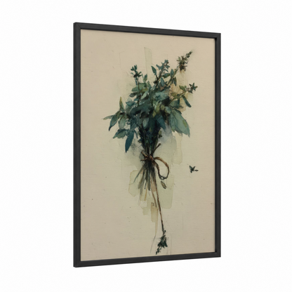 Delicate Herb Bouquet framed herbs print — black wood frame — light green and cream palette