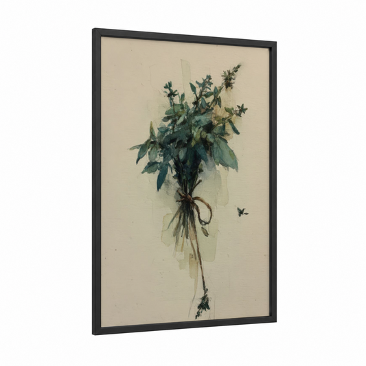Delicate Herb Bouquet framed herbs print — black wood frame — light green and cream palette