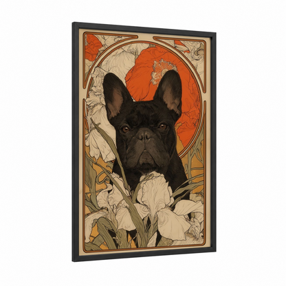 Black Bulldog Portrait framed art print — black wood frame — cream palette
