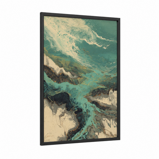 Turquoise Himalayas framed art print — black wood frame — teal and cream palette