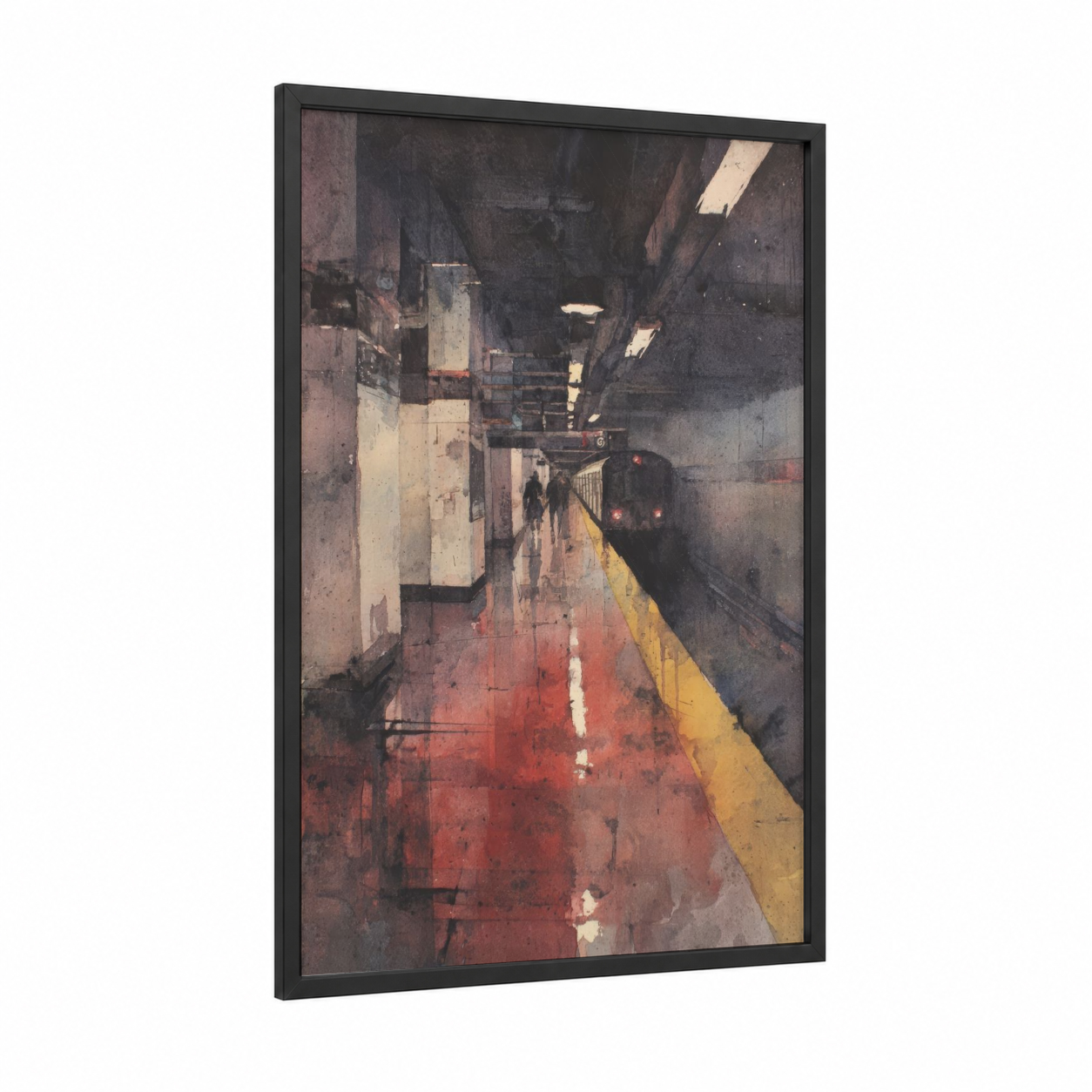 Underground Arrival framed subway print — black wood frame — russet and gold palette