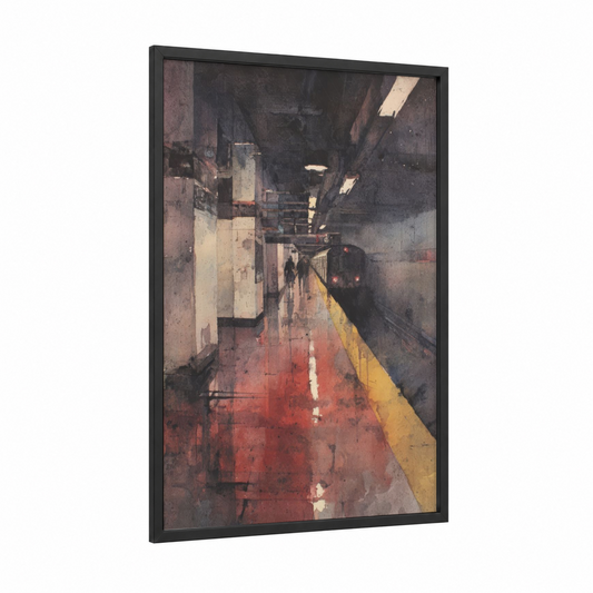 Underground Arrival framed subway print — black wood frame — russet and gold palette