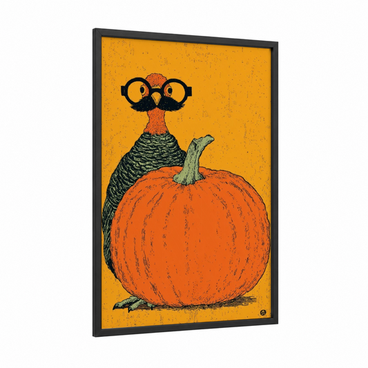 Scholarly Pumpkin framed thanksgiving print — black wood frame — gold and orange palette