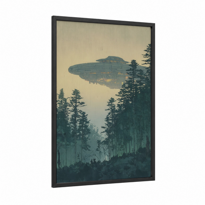 Forest Encounter UFO framed art print — black wood frame — teal and gold palette