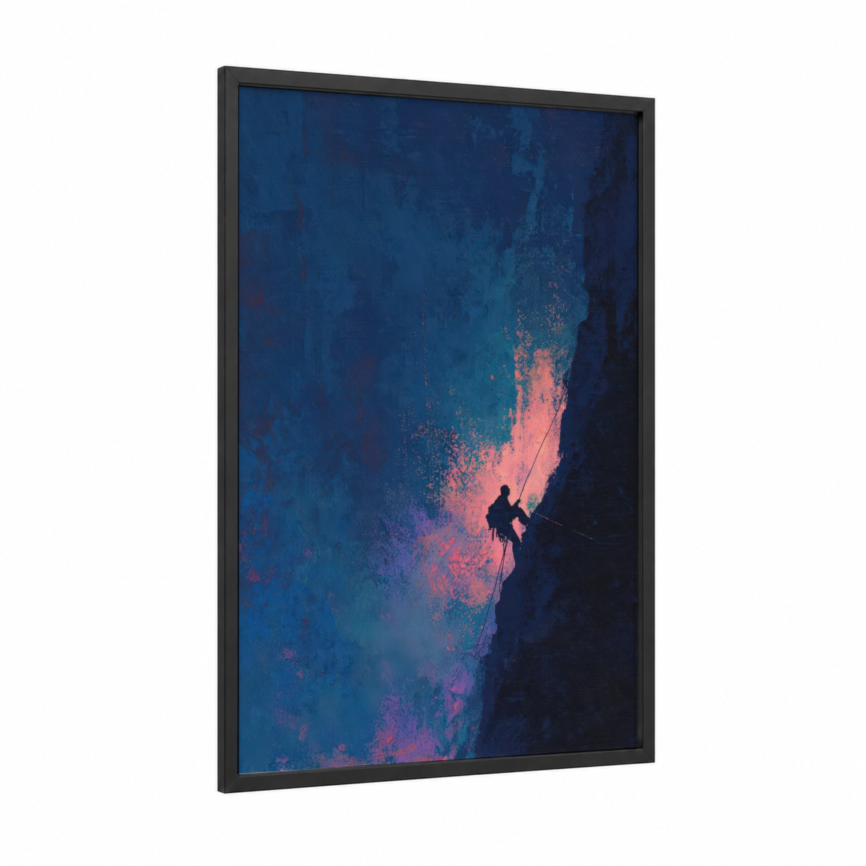 Neon Climber framed rock climbing print — black wood frame — blue and salmon pink palette