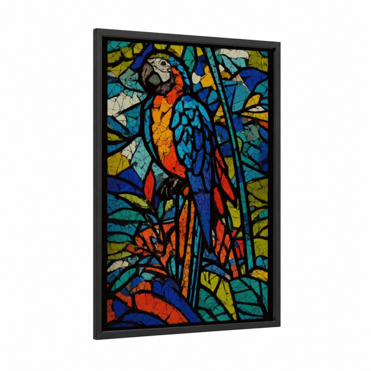 Stained Glass Macaw framed art print — black wood frame — blue and orange palette
