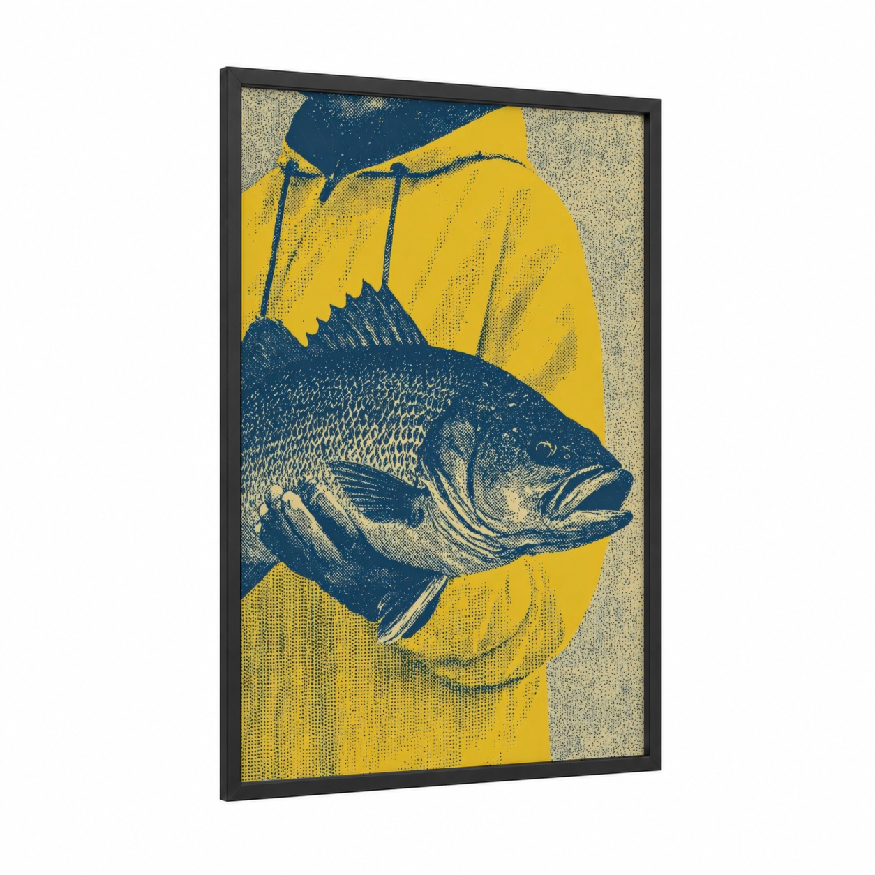 Vintage Catch framed fishing print — black wood frame — yellow gold and dark blue palette