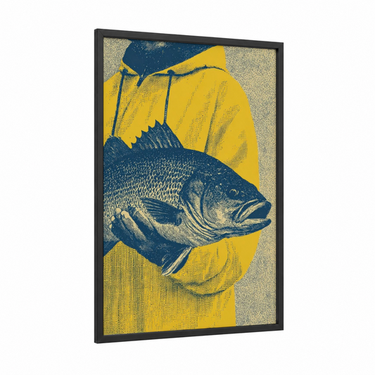 Vintage Catch framed fishing print — black wood frame — yellow gold and dark blue palette