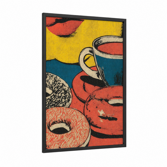 Pop Art Breakfast framed art print — black wood frame — yellow and red palette
