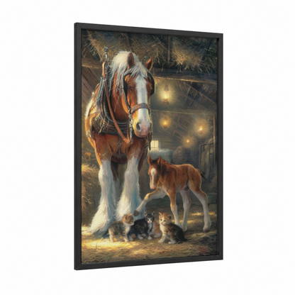 Barn Clydesdale framed clydesdale horse print — black wood frame — gold and brown palette