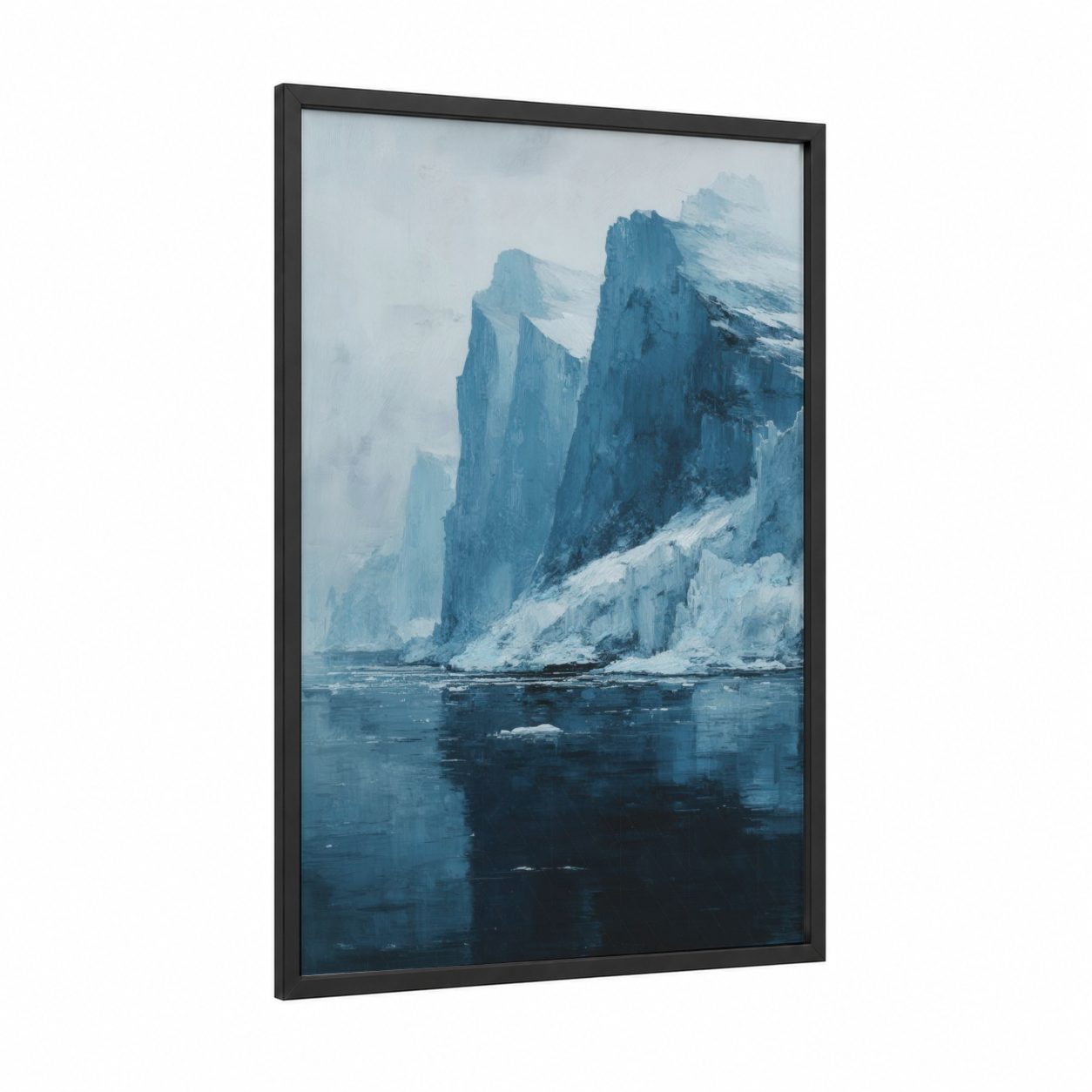 Frozen Cliff Serenity framed art print — black wood frame — blue and white and blue palette