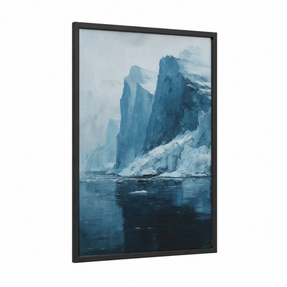 Frozen Cliff Serenity framed art print — black wood frame — blue and white and blue palette