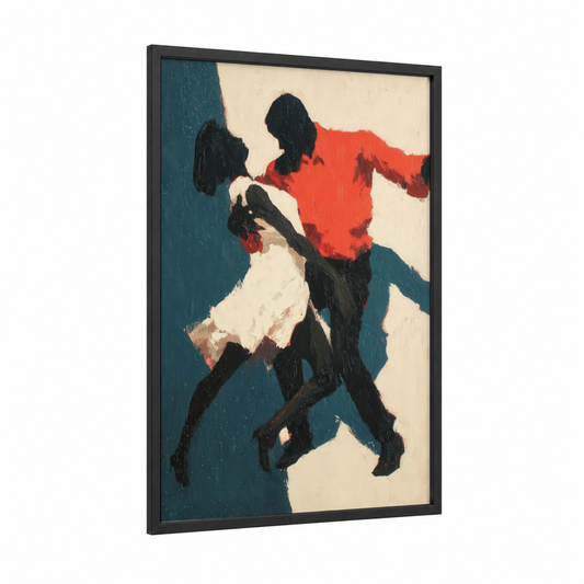 Crimson Swing Dancers framed art print — black wood frame — red and teal palette