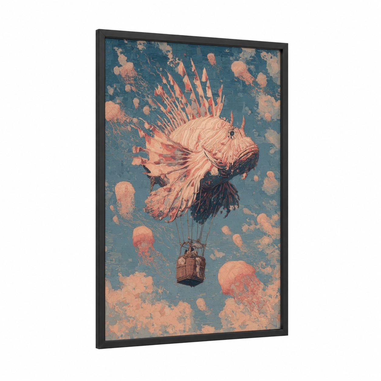 Steampunk Lionfish framed art print — black wood frame — blue and peach palette