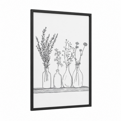 Dried Botanical Arrangement framed grain print — black wood frame — black and white palette