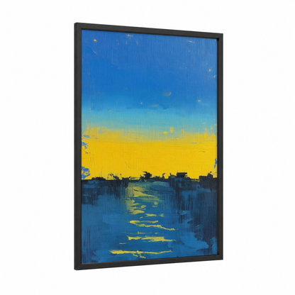 Golden Horizon framed abstract classic print — black wood frame — blue and gold palette