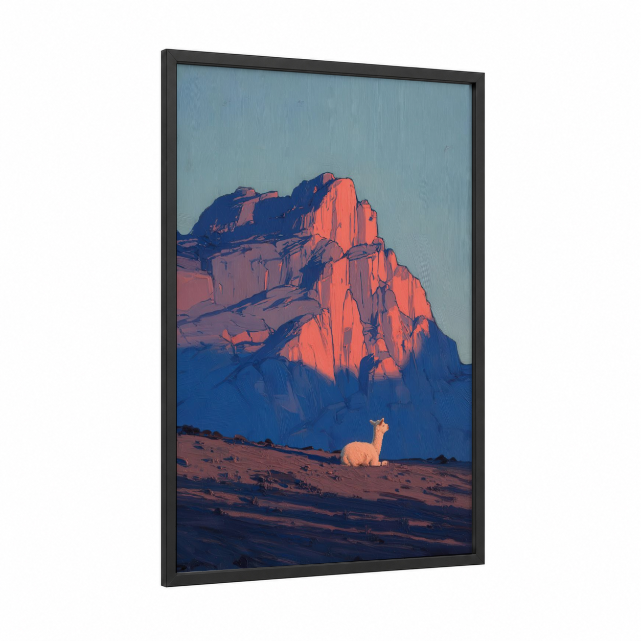 Desert Alpaca framed art print — black wood frame — blue and orange palette