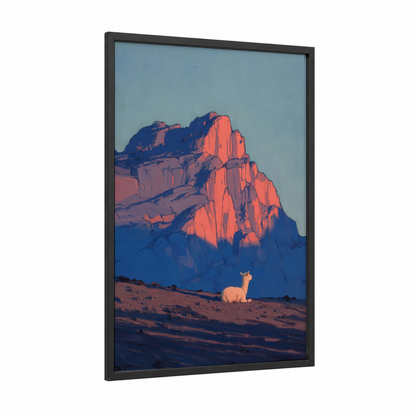 Desert Alpaca framed art print — black wood frame — blue and orange palette