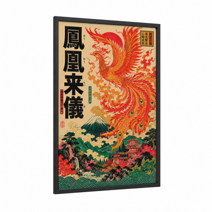 Japanese Phoenix Mount Fuji Wall Art framed art print — black wood frame — red and gold palette